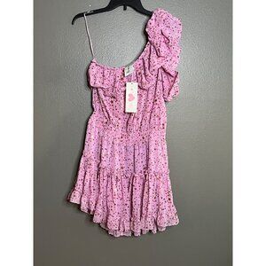 Buddy Love Sofia Zodiac One-Shoulder Ruffled Dress‎ L Pink & Gold Stars
